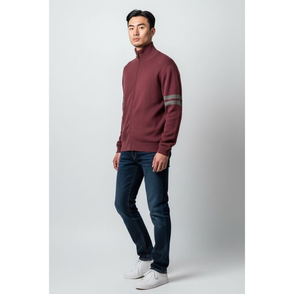 Gap Mens Full-Zip Burgundy Sweater With Gray Stripes On Sleeves
